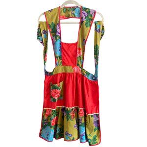 VTG Apron Over The Head Floral Red Green Blue Child Baker Pretend Play